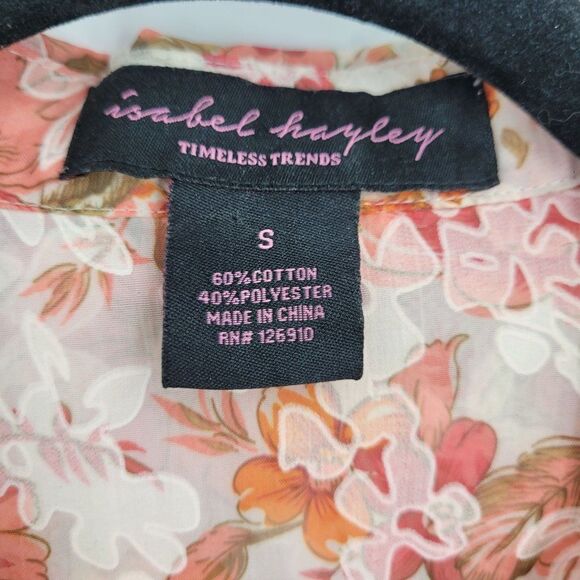 Womens Button Up Blouse S Pink Floral Sheer 3/4 Sleeve Collared Top Country - Picture 13 of 13